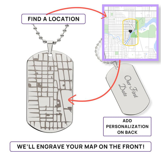 Collana Dog Tag con Mappa Incisa Personalizzata | Il Tuo Luogo del Cuore